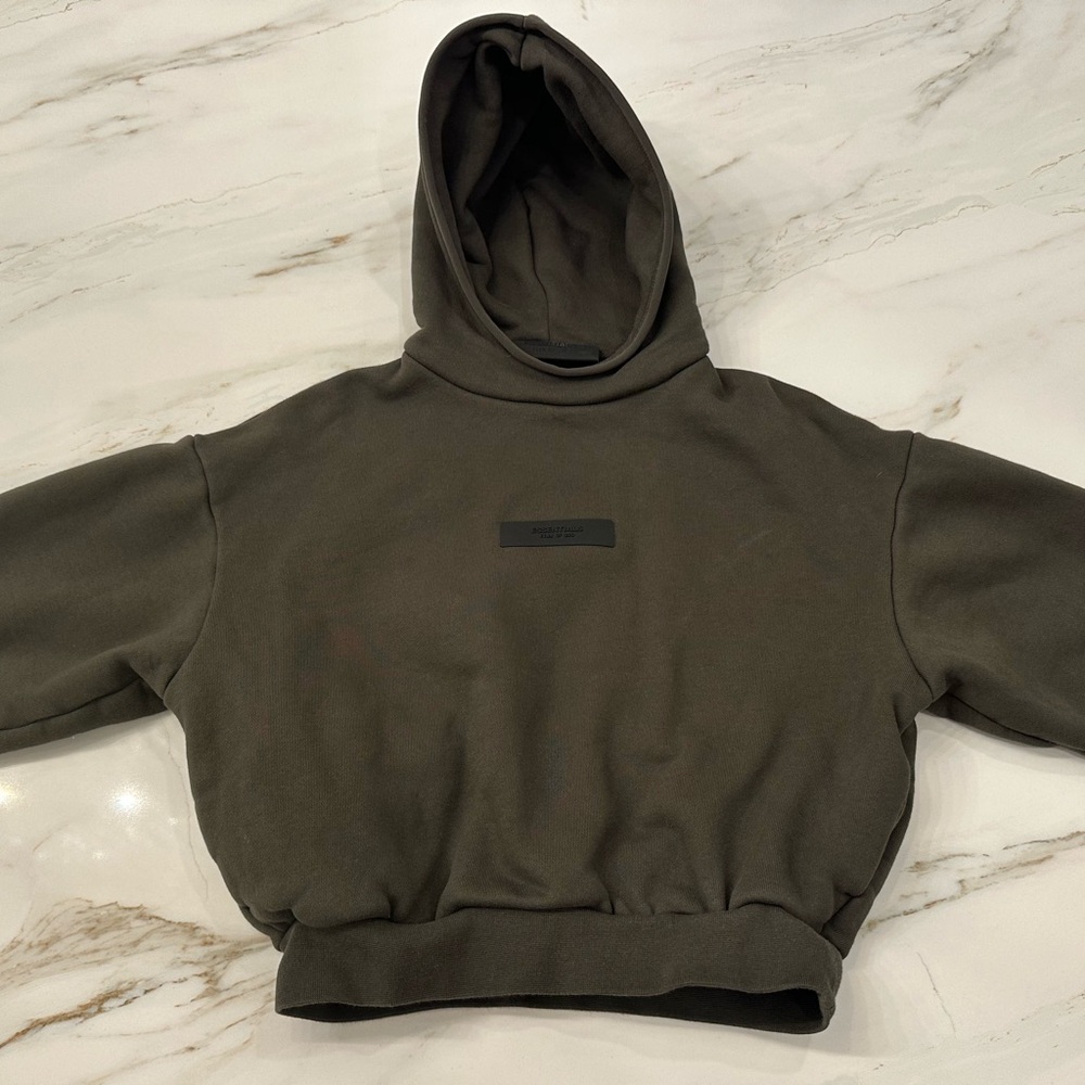 Kids Fear of God Essentials cotton and fleece hoodie size 8. Dark olive green.